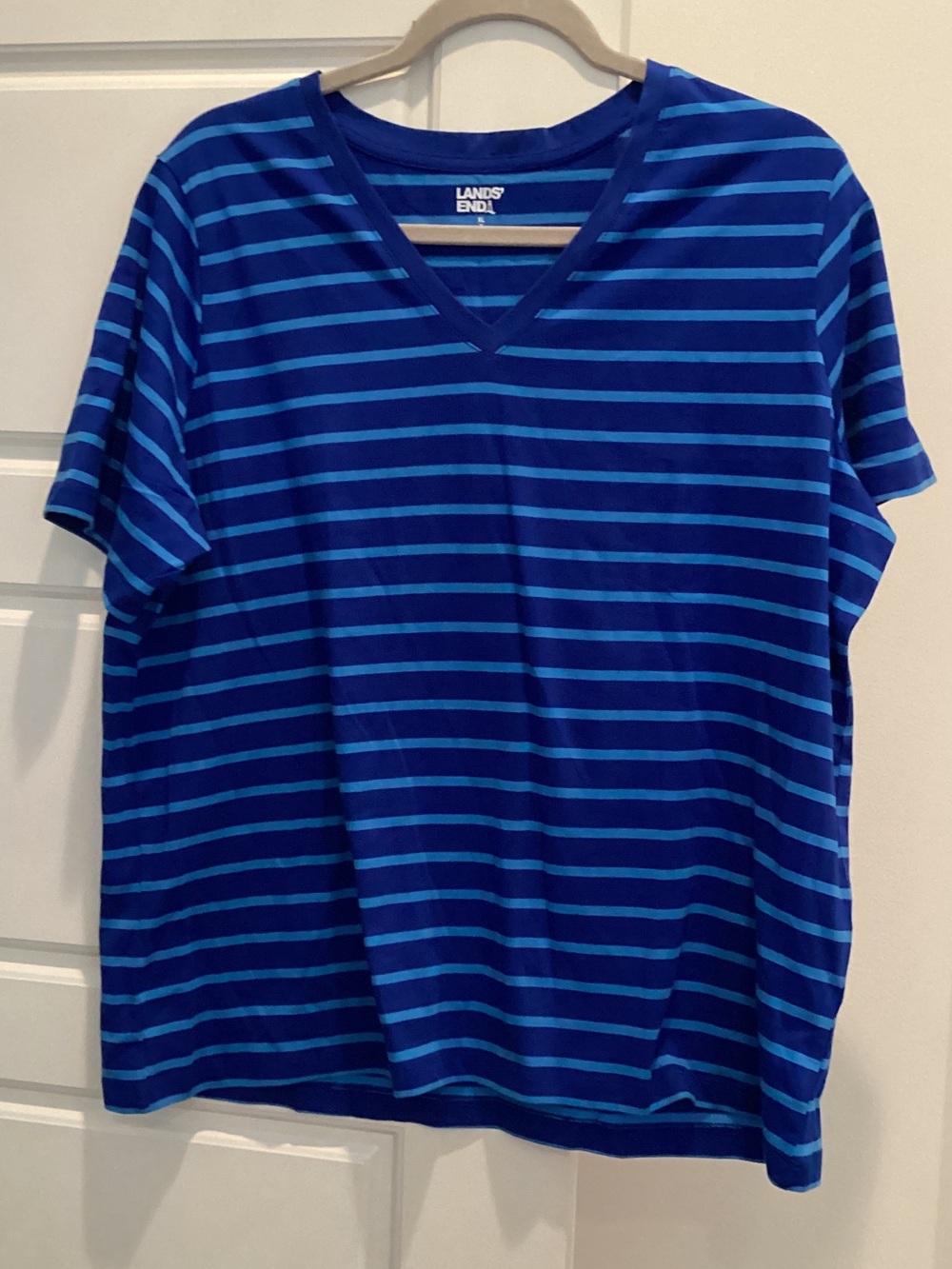 Lands' End Navy and Bright Blue Striped V-Neck Tee